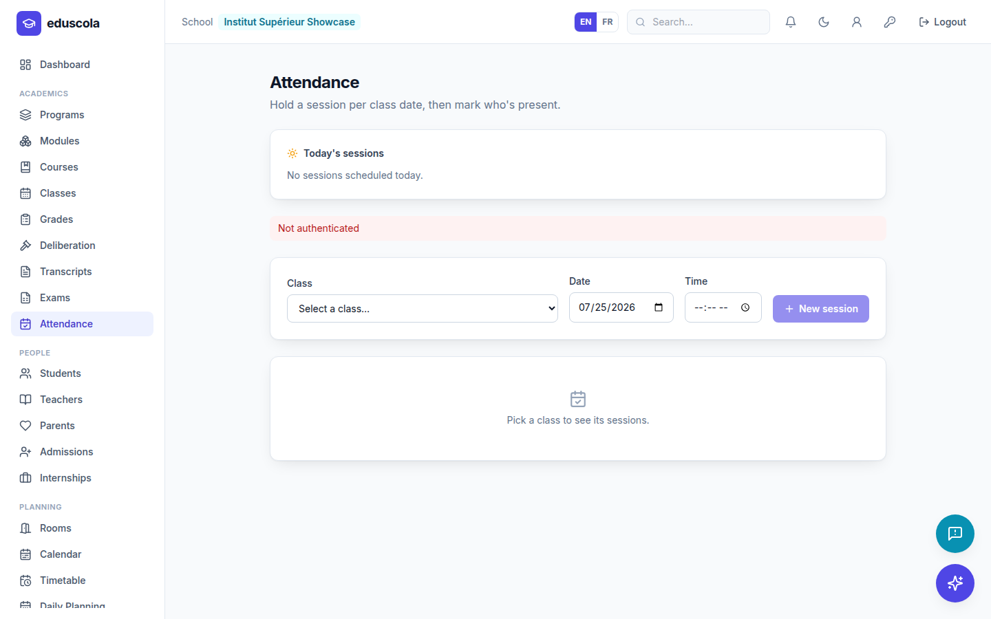 Attendance — screenshot of the EduScola interface