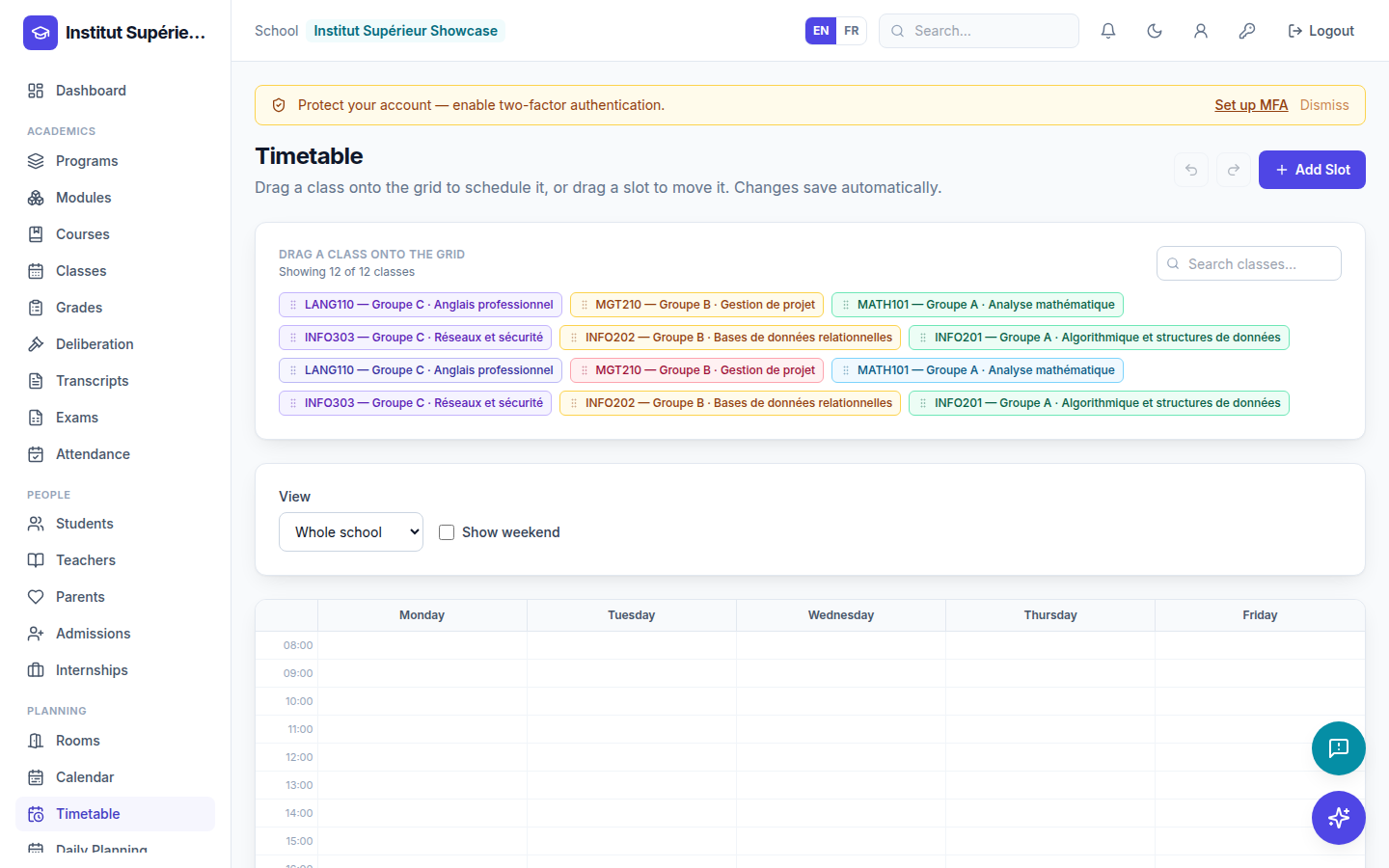 Planning and timetables — screenshot of the EduScola interface